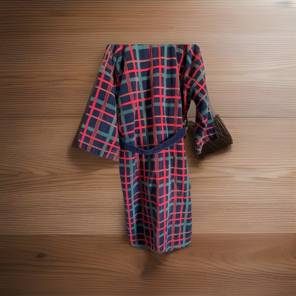 Vintage Mens Plaid Cotton Terry Cloth Robe Made In Columbia One Size Red Blue Gr - Picture 4 of 5